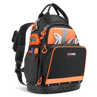 WISEPRO Tool Backpack, Hard-Based Tradesman Backpack, Heavy-Duty Tool Carrier Bag for Electricians, Construction, Men