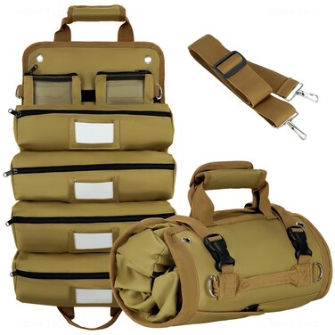 Tomorotec Heavy Duty Roll Up Tool Bag Organizer, Tool Roll Bag, Tool Roll Up Bag with 2 Detachable Pouches, Labeled Compartments &amp; Expandable Pockets - Compact, Portable Storage for Tools