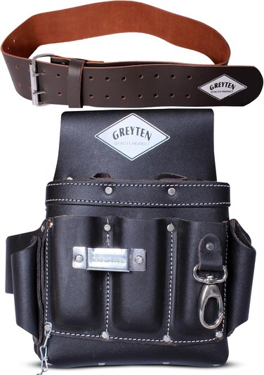 GREYTEN Leather Tool Pouch with Tool Belt Combo, 8-Pockets Dark Brown Tool Pouch Bag, 100% Leather Tool Pouch with Belt Clip with Metal Hammer Holder, Plier/Pencil/Knife/Tape Holder