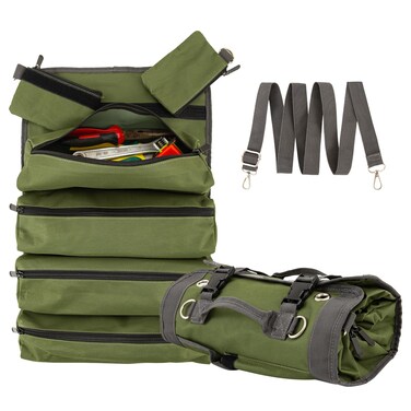 Tool Bag,Portable Toll Roll Bag,Large Roll Up Tool Bag Organizer,Heavy Duty Tool Organizer with 2 Detachable Zipper Pouch,Portable Tool Storage Box,Tool Roll Storage Pouch, Father Day Dad Gifts
