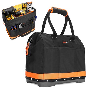 WISEPRO Wide Mouth Tool Bag, 16 Inch Heavy Duty Tool Bag with Waterproof Plastic Bottom, Multiple Purpose for Plumbers, Electricians, Handymen
