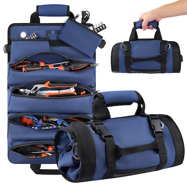 ROCKCOON Tool Roll Bag, Heavy Duty Tool Organizer Roll Up, Portable Tool Storage Bag Easily Hanging on the Wall and Car for Professional Mechanics, Electricians, Carpenters, and Hobbyists, Blue