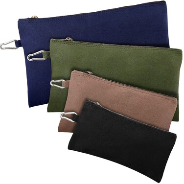 4 Pack Utility Canvas Zipper Pouch 12/10/9/8 Inches Canvas Tool Bag Multipurpose Storage Pouch Storage Organizer Heavy Duty Flat Bottom Tools Pouch Clip-on Tote Bag in Blue, Green, Khaki and Black