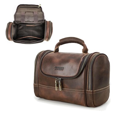 Contacts Crazy Horse Leather Toiletry Bag for Men Women Travel Bathroom Shaving Dopp Kit Toiletries Organizer Vintage Brown Cosmetic Bag Handbag, Dark Coffee