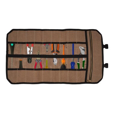 Covers &amp; All Waxed Canvas Tool Roll Pouch Bag, 18 Pockets with Zipper Strap Push Clips &amp; Durable Handle, 18 oz 600 GSM Canvas, Multipurpose Tool Organizer (Tan, 26" L x 14" W)