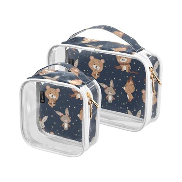 2 Pack Clear Cosmetic Bags with Handles-Animal Cute Bunny and Bear&iuml;&frac14;&OElig; PVC Toiletry Bags Zipper Waterproof Portable Travel Storage Pouch