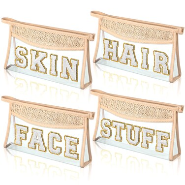 Tanlade 4 Pcs Preppy Clear Boho Patch Cosmetic Bag Skin Face Hair Stuff Chenille Letter Straw PVC Travel Makeup Bag Transparent Waterproof Pouch for Women Girl