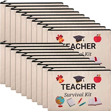 Weewooday 20 Pieces Teacher Appreciation Gifts Cosmetic Bags Teacher Canvas Makeup Bags Travel Toiletry Case Pencil Bag with Zipper Stationery Case Bag for Teachers Appreciation