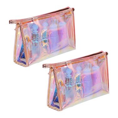 SKRYUIE Holographic Makeup Bag Iridescent Cosmetic Pouch with Zipper Waterproof Portable Transparent Cosmetic Bag, for Makeup Tools Organize, Women Toiletries, Travel, Pencil Case