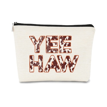 Yee Haw Cowgirl Cow Print Glitter Vintage Western Farmhouse Makeup Bag Cosmetic Bag Zipper Travel Toiletry Bag Best Birthday Christmas Gift Idea for Cowgirls Teen Girls Women,Cowgirl Gifts for Girls