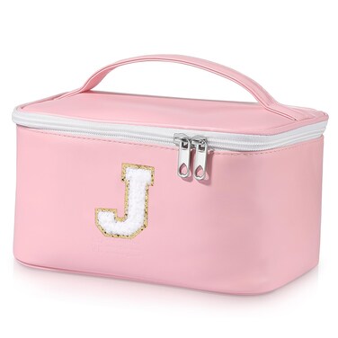 Talltalk Initial Letter Makeup Bag Personalized Gift for Teens Girls, Pink Preppy Makeup Bag Pouch PU Leather Toiletry Bag Letter Cosmetic Bag, Cute Stuff for Girls Women Friend Sister Gift(Letter J)