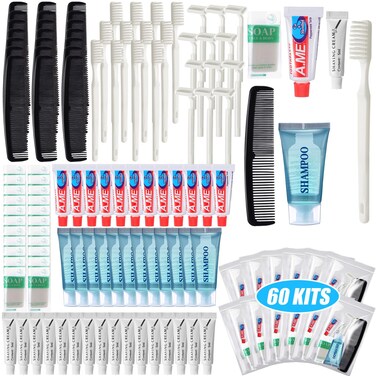 Ziliny 60 Set Travel Convenience Toiletry Kit Bulk Basic Toiletry Kits Travel Size Homeless Personal Hygiene Kit Homeless Care Package Supplies with Reusable Toiletry Bag for Men Charity