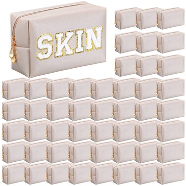 Cunno 50 Pcs Makeup Bag Bulk PU Leather DIY Cosmetic Bag Plain Preppy Bags Makeup Pouch Portable Waterproof Toiletry Bags for Women Travel Pencil Case Cosmetic Organizer, Ivory White