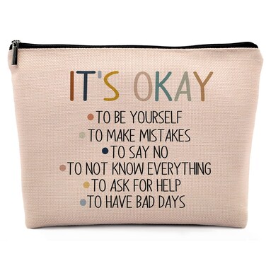 Dwept It's Okay to Be Yourself Mental Health Makeup Cosmetic Bag&iuml;&frac14;&OElig;Motivational Self Care Linen Makeup Travel Toiletry Bag, Boho Inspirational Art Cosmetic Bag Gifts For Teen Girls Teens Counselor