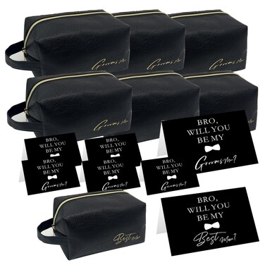 HXYCNNA 7 Sets Groomsmen Gifts Toiletry Bag Leather Cosmetic Bags Groomsmen Gift Water Resistant Toiletry Case with Zipper Shaving Bag Bowknot Greeting Card for Wedding Gift Bag (Black)