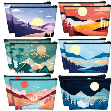 Sweetude 12 Pcs Mountain Makeup Bag Portable Travel Cosmetic Bag Cute Zipper Pouches for Travel Waterproof Toiletry Organizer Printed Storage Bag for Women Gifts