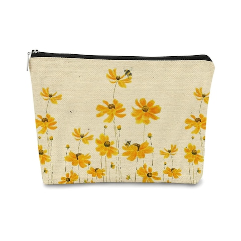 BARPERY Summer Cottagecore Bee Honey Daisy Yellow Wildflowers Cosmetic Bag, Zipper Travel Toiletry Makeup Bag, Best Gift Idea for Teen Girls Sister Girlfriend,Mother&#39;s Birthday Christmas Gift