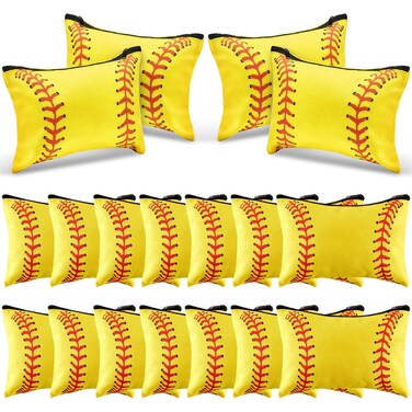 18 Pcs Softball Makeup Bag Softball Cosmetic Bag Softball Gifts for Girls Team Player Portable Travel Bags for Women Canvas Softball Goodie Bags Toiletry Softball Accessories Organizer Case Pouch
