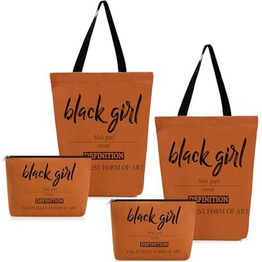 Paterr 4 Pcs Black Girl Definition Canvas Tote Bags with Brown Makeup Bag African Girl Tote Canvas Bags Metal Zipper for Shopping Women School Library Visit the Store
