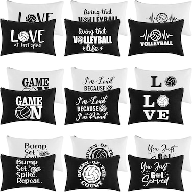 18 Pieces Volleyball Gifts Volleyball Makeup Bags Sport Pencil Makeup Case Cosmetic Canvas Storage Pouch with Zipper Portable Travel Toiletry Bag Accessories for Players Teams Women Girls, 2 Colors