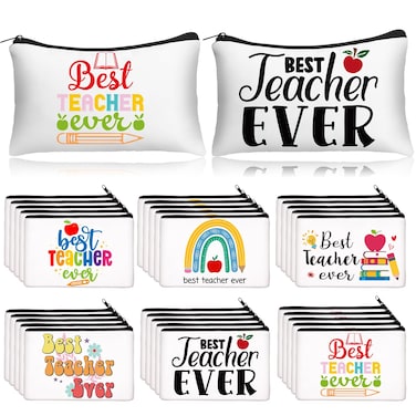 Paterr 30 Pcs Valentines Day Teacher Appreciation Gifts Best Teacher Ever Makeup Bag Women Cosmetic Bag Toiletry Pencil Pouch Teacher Thank You Gift Travel Makeup with Zipper for Xmas Thanksgiving