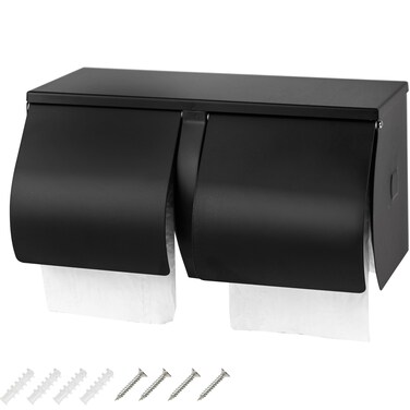 Desyeryamimi Double Roll Toilet Paper Holder Dispenser with Shelf Storage-Commercial 2-Roll Side by Side Stainless Steel Toilet Tissue Holder/Dispenser Wall Mount for Bathroom/Restroom(Black