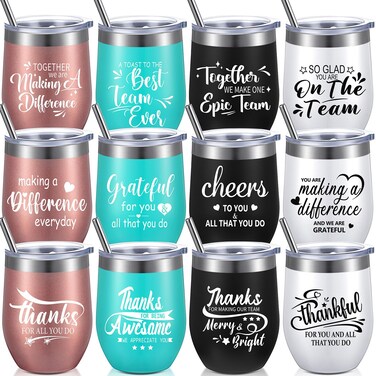 Employee Appreciation Gifts Wine Tumbler Team Gifts for Employee Thank You Gift for Coworker Women Men, 12 oz Wine Tumbler Insulated Stainless Steel Tumbler with Lid and Straw (Elegant Style, 12 Pcs)