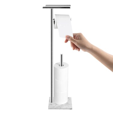 Toilet Paper Holder Stand with Weighted Natural Marble Base, Bathroom Free Standing Toilet Paper Roll Holder with Reserve, Standing Toilet Tissue Holder with Storage (Brushed Nickel, with Shelf)