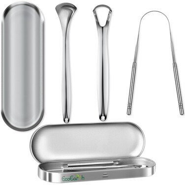 Set of 3 Tongue Scrapers for Adults, Tough Metal Tongue Cleaner w/Storage Case, Stainless Steel Tongue Scrubber for Fresh Breath &amp; Oral Hygiene by EcoEarth