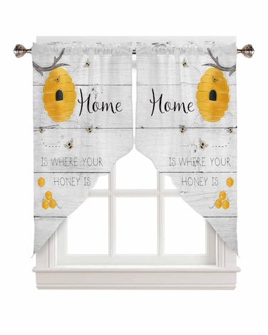 Bee Theme Swag Valance Curtains Home is Where Your Honey is Bee Rustic Wood Board Rod Pocket Kitchen Curtains Scalloped Window Treatment Valances Swag Curtains for Living Room, 1 Pair, 28"W x 36"L
