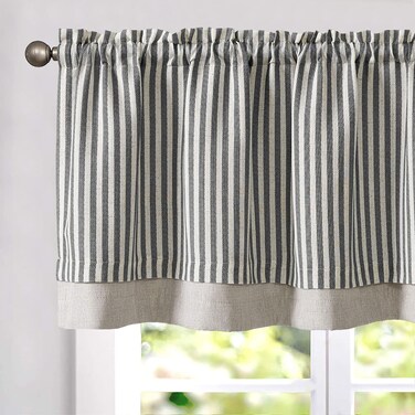Vangao Kitchen Valance Linen Blend Stripe Short Curtain Farmhouse Rustic Pinstripe Tickingstripe Double Layer Blackout Rod Pocket Window Topper Treatment 18 Inch 1 Panel Black on Beige