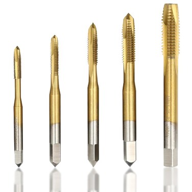 Kigauru 5Pcs Spiral Point Threading Tap High Speed Steel 6542 Metric Spiral Flute M3x0.5, M4x0.7, M5x0.8, M6x1.0, M8x1.25 Machine Tap Set Abrasion Titanium Coated Thread Tapping Tool
