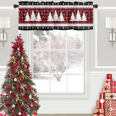 Christmas Valance for Windows Pine Xmas Tree Snowflake Window Toppers Valances Rod Pocket 1 Panel Red Buffalo Plaid Window Treatments for Kitchen Bathroom Bedroom 54 x 18 inch