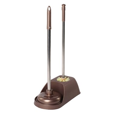 DOITOOL Toilet Plunger and Bowl Brush Combo for Bathroom Cleaning, 2 in 1 Long Handle Toilet Brush and Plunger with Holder, 1 Set (Coffee)