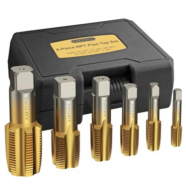 AMTOVL NPT Pipe Tap Set - 6-Piece, 1/8'', 1/4'', 3/8'', 1/2'', 3/4'', 1'' NPT Tap Set, GCr15 Steel Threading Plumbing Tap Set for Plumbers Clean and Re-thread Damaged DIY or Jam Pipe Threads
