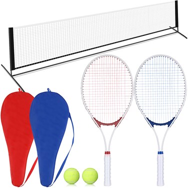 RoundFunny 10 FT Mini Portable Tennis Net with 27" Tennis Rackets for Adult Recreational 2 Players Lightweight Tennis Racket with 2 Tennis Balls for Training Beginners with Overgrips Carry Bag