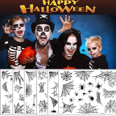 Halloween Spider Web Temporary Tattoos Spider Face Body Fake Tattoos Spider Dark Waterproof Fashion Tattoo Stickers for Halloween Cosplay, Adults and Kids Makeup Tattoos Kit (6 Sheets)