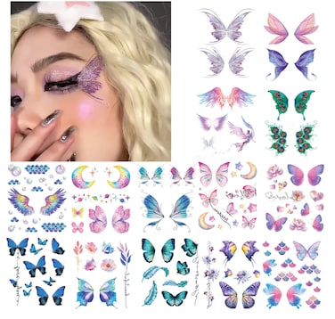 14 Sheets Glitter Butterfly Temporary Tattoos Sticker for Women Girls Eye Face Makeup Decoration, Flash Fairy Body Art Shiny Butterflies Waterproof Fake Tattoos for Festival Party Eye Decor