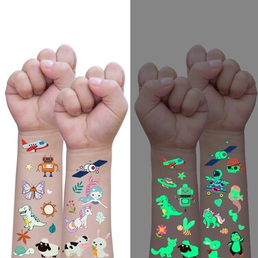 Gibaniza Glow Temporary Tattoos for Kids,12 Sheet Luminous Tattoo Sticker Pack with Mermaid,Dinosaur,Space,Pirate Designs - Boys &amp; Girls Glow Party Favors Supplies