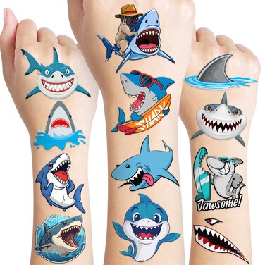 101 PCS Shark Temporary Tattoos Sticker Sea Animal Fish Under The Sea Ocean Birthday Party Decorations Decor Favors Supplies Gifts Boys Girls Baby Shower Cute Fake Tattoo School Reward Themed