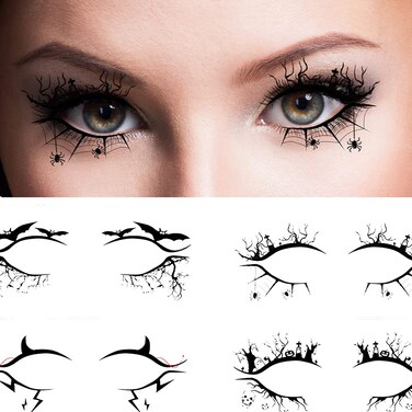 4 PCS Halloween Eye Shadow Stickers Temporary Tattoo, Spider Web Skull Bat Eyeliner Decals Ghost Face Makeup Stickers Tools for Women Girls Waterproof Fake Tattoo Eye Art