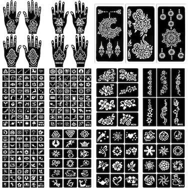 ChurlChurl 229pcs Henna Tattoo Stencils, 19 Sheets Temporary Tattoo Stencils for Women Girls Kids Face Body Paint DIY Art Glitter Airbrush Tattoo Stencils Pack