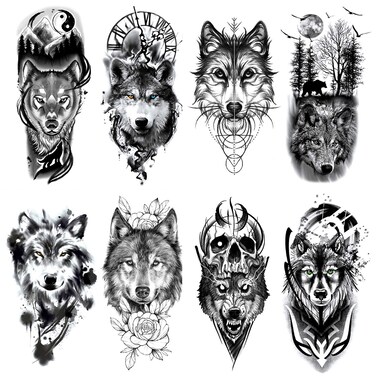 Oottati 8 Sheets Wolf Taichi Totem Skull Moon Forest Flower Arm Leg Temporary Tattoo