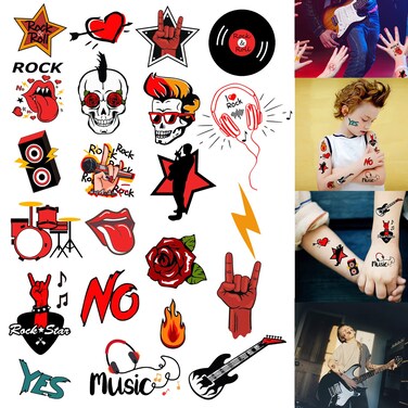 ATSMOICY 420 Pieces Rock and Roll Temporary Tattoos - 80s 90s Party Supplies Musician Guitar Rap Birthday Baby Party Favors Decorations Kids Tattoo