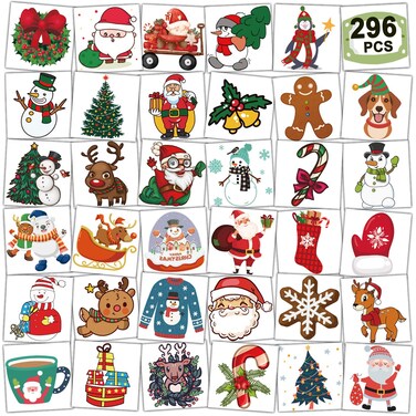 CHARLENT Christmas Temporary Tattoos for Kids - 296 PCS Christmas Individual Tattoos for Kids Christmas Xmas Party Favors, Stocking Stuffer, Christmas Eve Gift