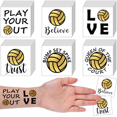 WILLBOND 120 Pcs Volleyball Temporary Tattoos for Team Volleyball Team Gift Sports Face Tattoos Waterproof Body Stickers Gold Tattoo for Fans Team Party Favor Supplies, 6 Styles
