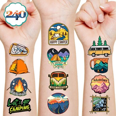 Camp Temporary Tattoos Camping Birthday Themed Party Supplies Decorations Favors 12 Sheets 240PCS Sport Decor Cute Stickers Class School Prizes Gift Kids Boys Girls Carnival Christmas Reward