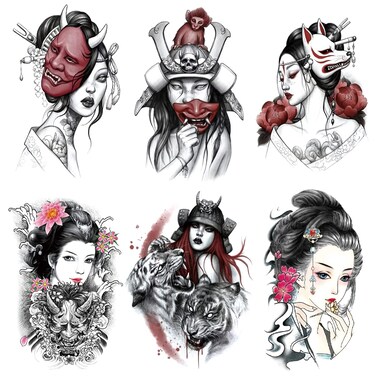 Oottati 6 Sheets Arm Fake Waterproof Temporary Tattoos Stickers Japanese Geisha Samurai Women Tiger Prajna Dark Red Blood