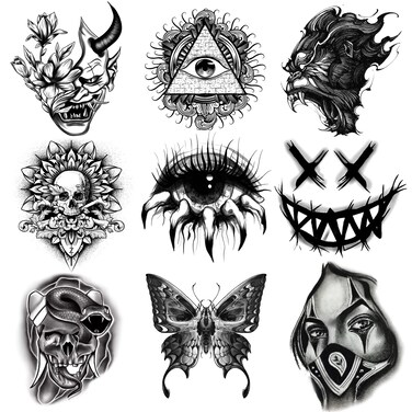 Oottati 9 Sheets Waterproof Hand Back Temporary Tattoo Stickers, Halloween Devil Butterfly Eye Skull Paw Clown Snake Gorillas