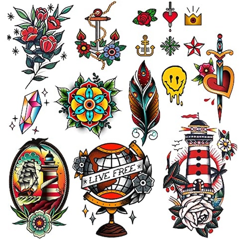 CARGEN Vintage Temporary Tattoos - Traditional Old School Classic Cool Stickers Sailor Jerry Style Globe Lighthouse Sailboat Flowers Bouquet Sword Anchor Diamond Feather Temporary Tattoo Fake Tattoo